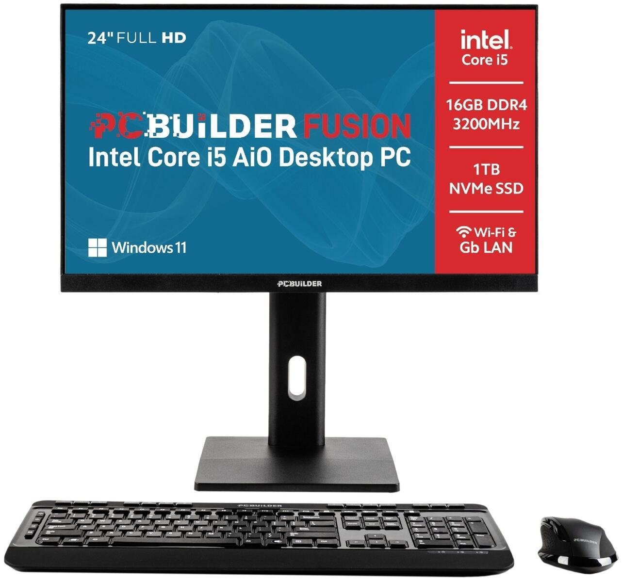 PCBuilder Fusion (Intel Core i5 4.7GHz, 16GB DDR4, 1TB SSD, 24" Full HD) All-In-One Desktop PC